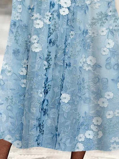 Women's 3/4 Sleeve Scoop Neck Floral Printed Lace Stitching Midi Dress