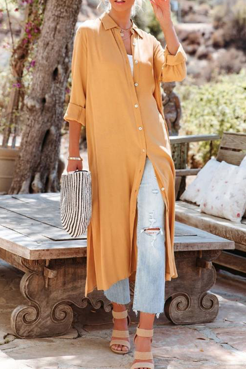 Casual Solid Buckle Turndown Collar Shirt Dress Dresses(3 Colors)