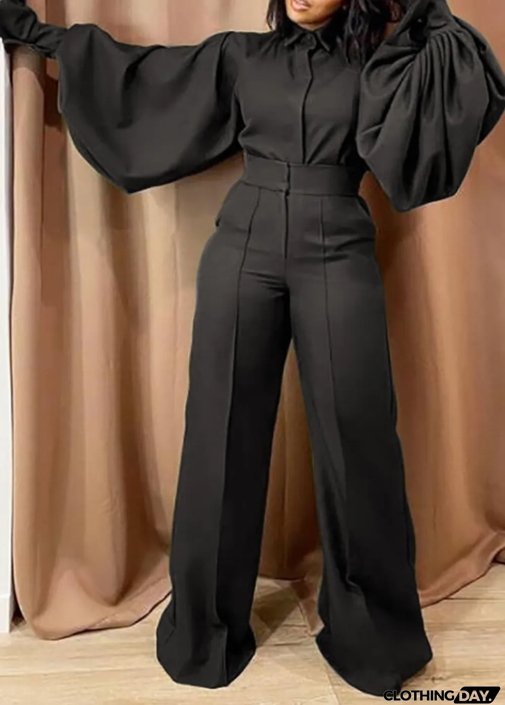 Fall Fashion Balck Turn Down Collar Wide Long Sleeves Loose Jumpsuit