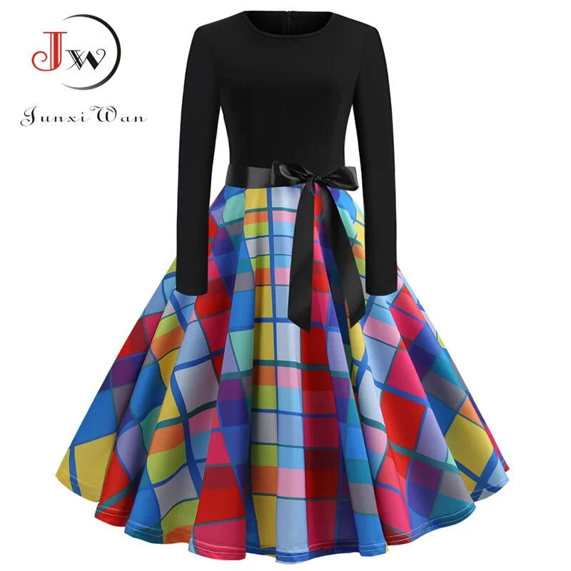 Floral Print Vintage  Women New Spring Elegant Party Long Sleeve Casual Black Patchwork Midi Dress