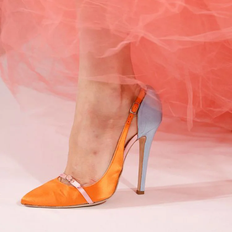 Orange & Blue Satin Heels Pointed Toe Slingback Pump Stilettos Shoes |FSJ Shoes