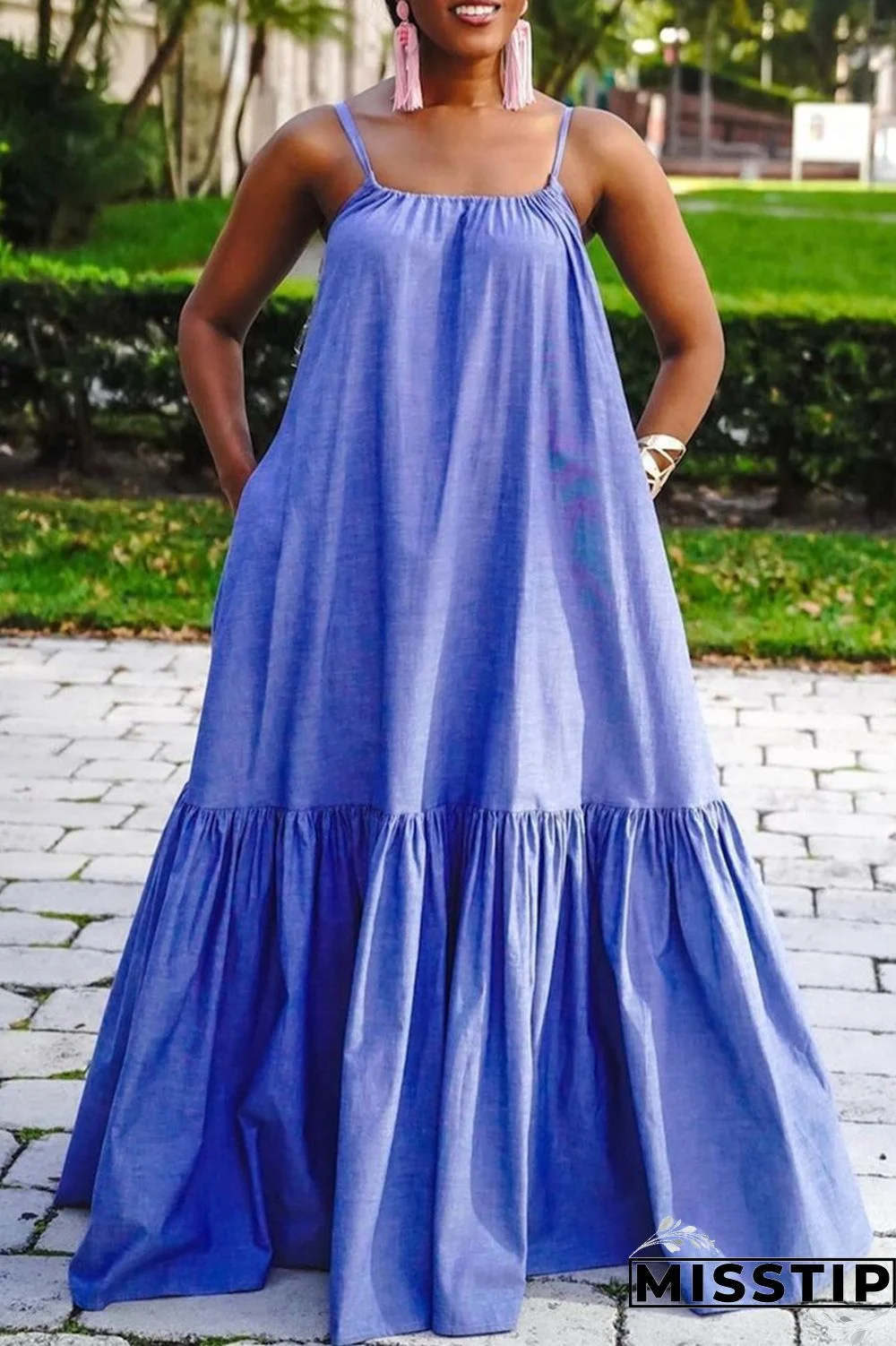 Blue Fashion Casual Solid Backless Spaghetti Strap Sleeveless Dress
