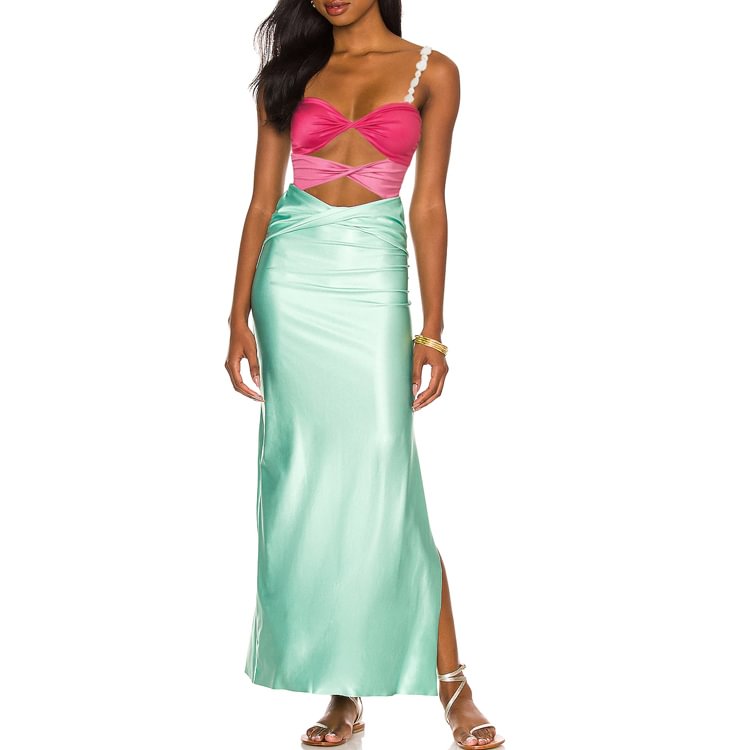 Flaxmaker Pearl Shoulder Strap Cutout Shiny Texture One Piece Swimsuit and Skirt