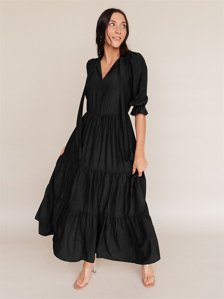 Tie Rope Mid-sleeve Ruffle Pleated Loose Dress Casual Long Dress