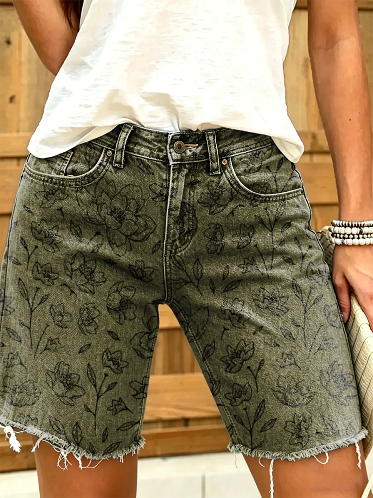 Women's Vintage Floral Art Print Casual Washed Cotton Denim Shorts