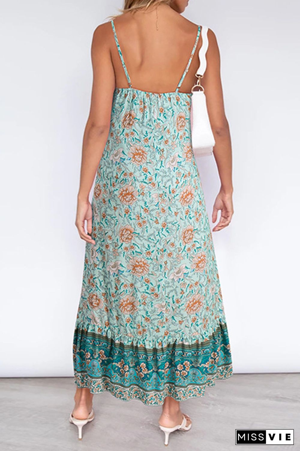 Bohemian Floral Flounce V Neck A Line Dresses
