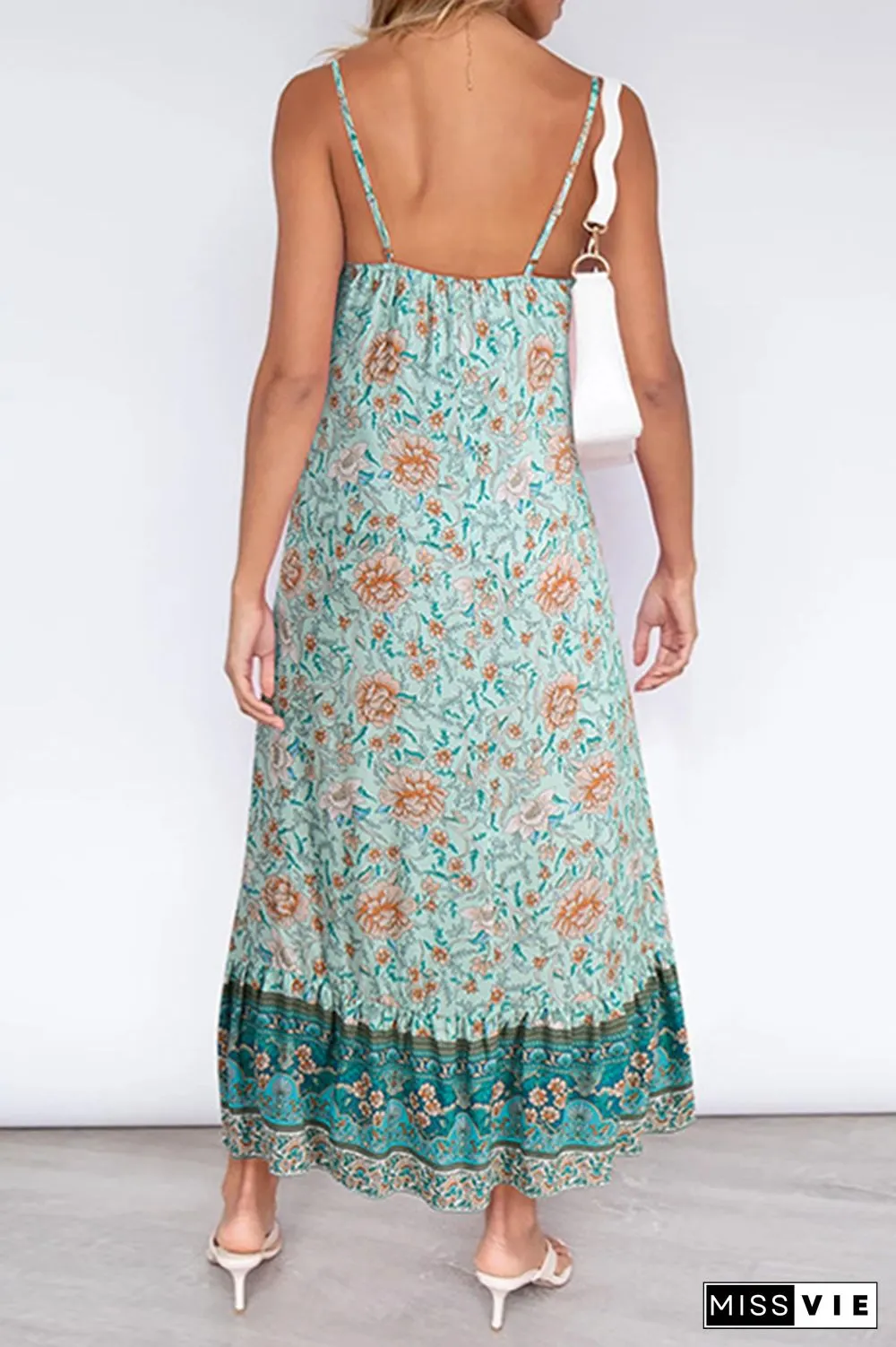 Bohemian Floral Flounce V Neck A Line Dresses