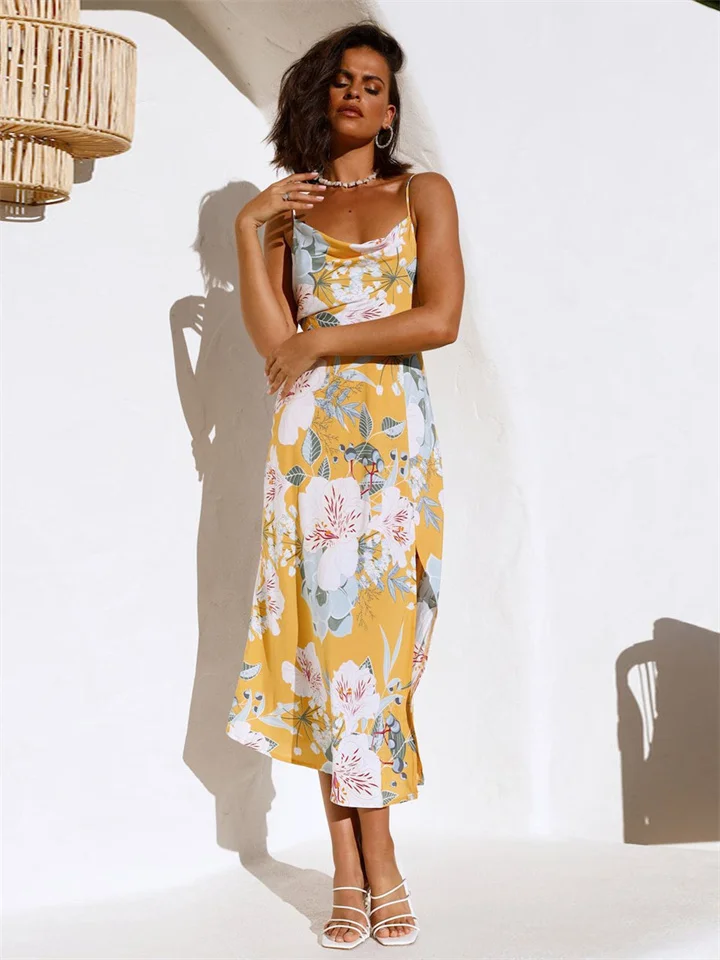 Fashion New Women's Halter Open Print Slim Dress Yellow S M L XL-Cosfine