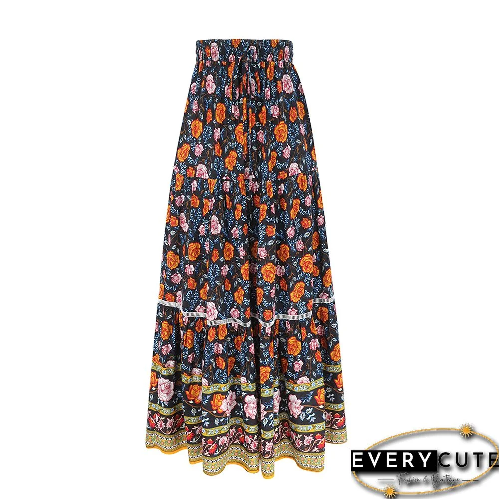 Orange-red Floral Print Elastic Waist Pocket Midi Skirt