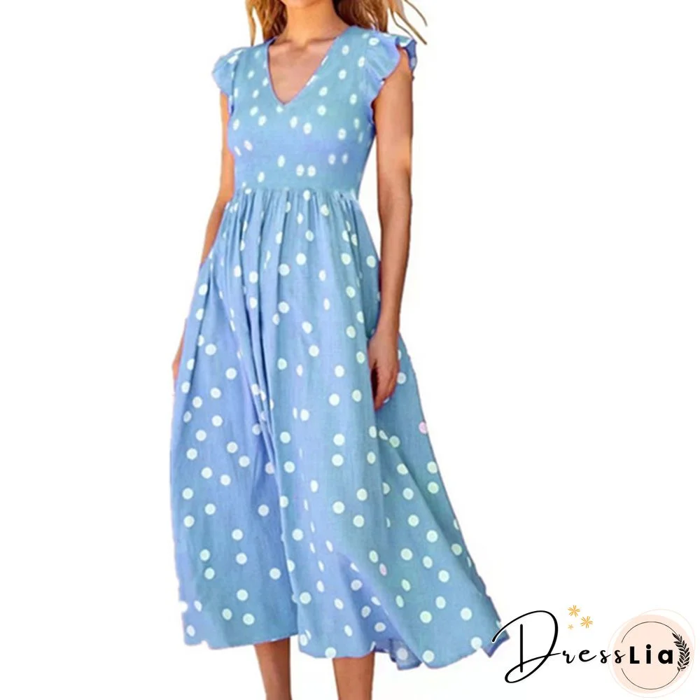 Spring And Summer New European And American Women's Wear V-Neck Large Skirt Wave Dot Printed Dress Women's Long Skirt