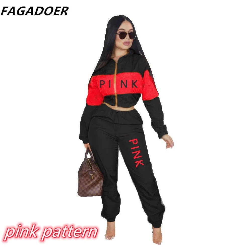 Color Patchwork Fashion Streetwear Women's Set Pink Printed Tracksuit Casual 2pcs Outfits Zip Coat Drawstring Pants Matching Set