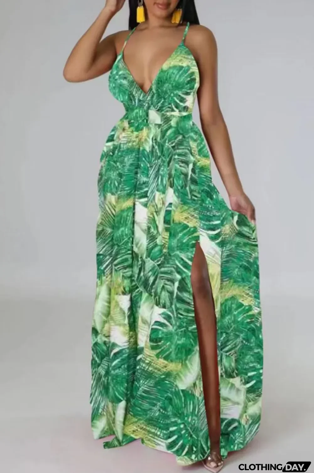Multi-color Sexy Casual Print Backless Slit Spaghetti Strap Long Dress Dresses