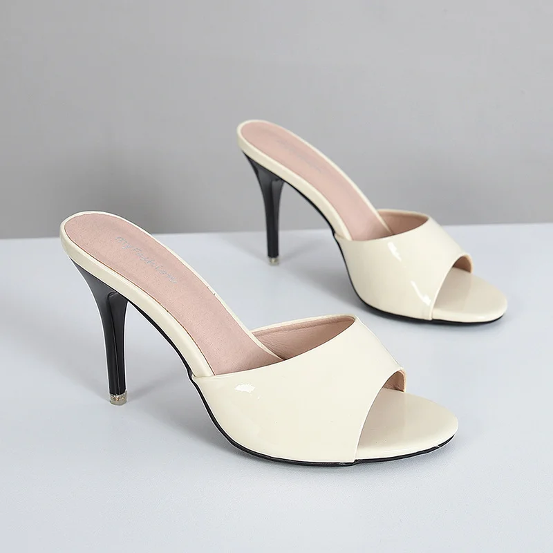 Wongn Wongn New Women's Shoes Fine High Heel Patent Leather One-Word Slippers Wear Simple Sandals