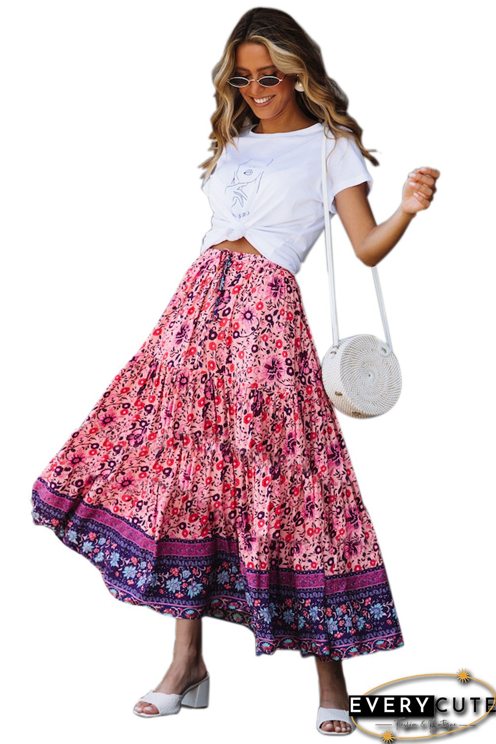 Purple Elastic Waist Floral Maxi Skirt