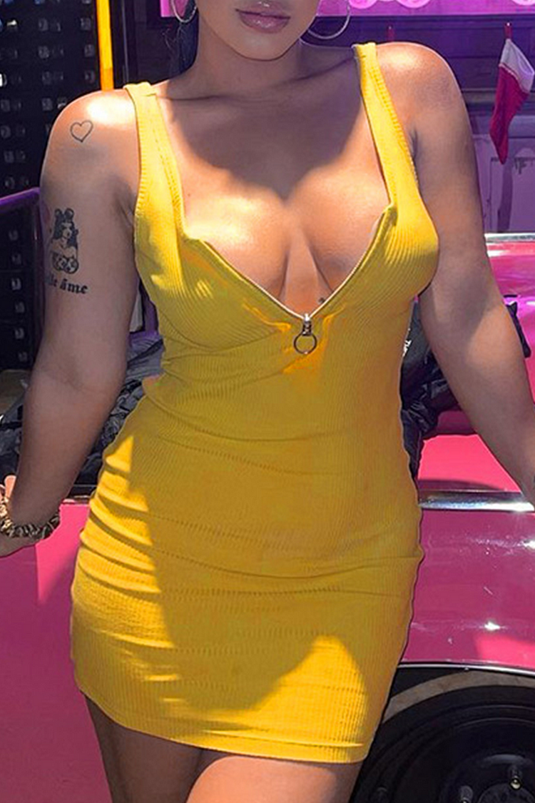 Yellow Sexy Solid Patchwork Zipper Collar Pencil Skirt Dresses