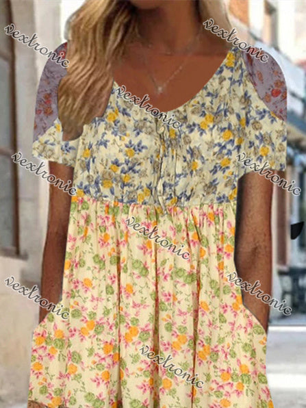 Women Short Sleeve Scoop Neck Floral Printed Stitching Maxi Dress