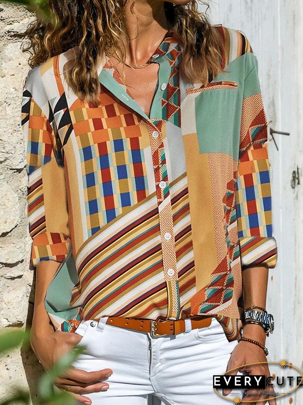 Color Geometric Printed Long Sleeve Shirt