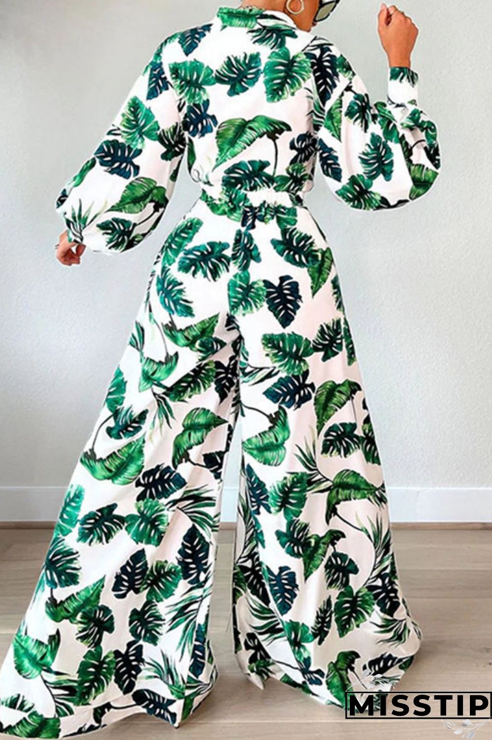 Green Casual Print Patchwork Turndown Collar Long Sleeve Two Pieces