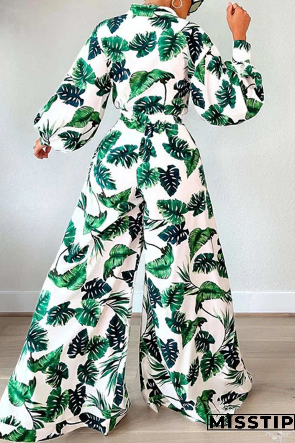 Green Casual Print Patchwork Turndown Collar Long Sleeve Two Pieces