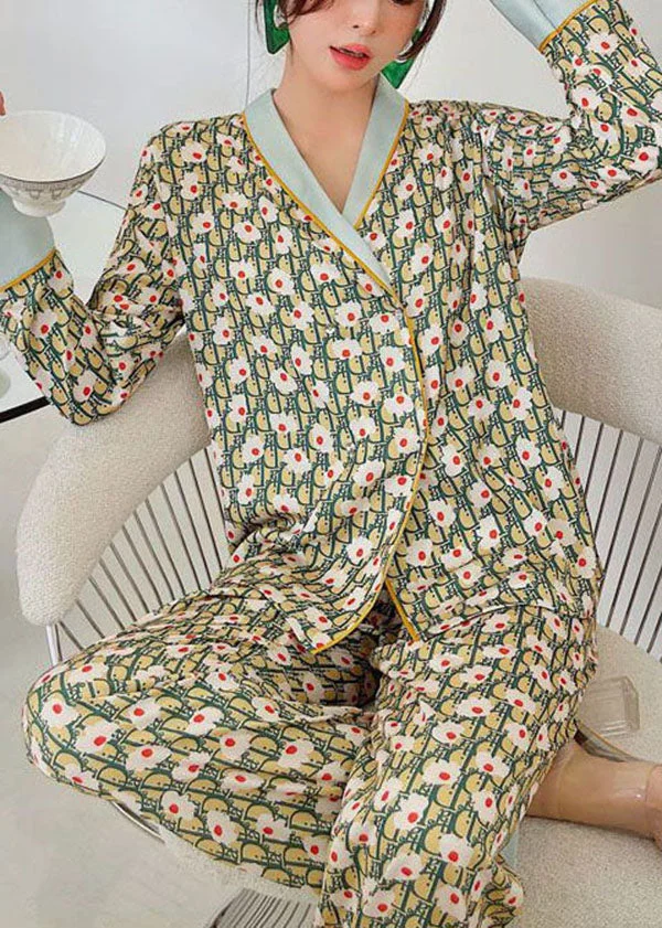Stylish Green V Neck Print Draping Ice Silk Pajamas Two Pieces Set Spring