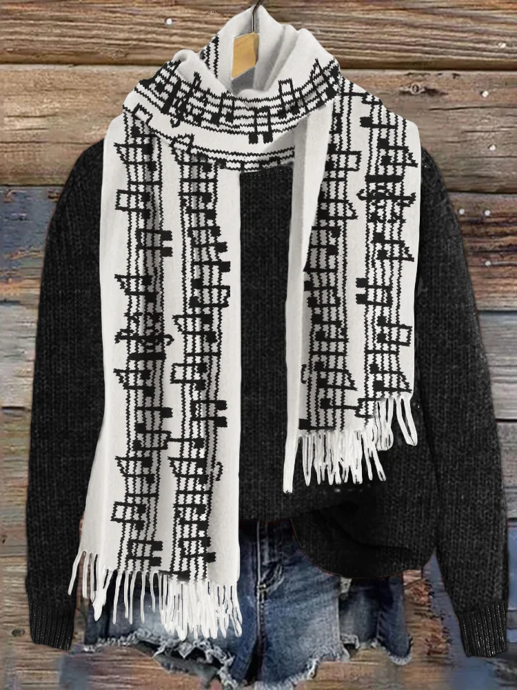 Comstylish Music Notes Knit Art Cozy Tassels Scarf