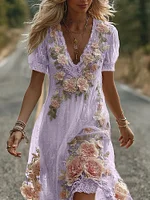 Women's Vintage Floral Embroidery V Neck Casual Midi Dress - Image 4