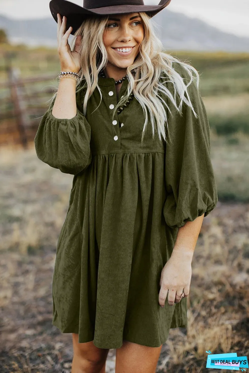 Vineyard Green Corduroy Snap Buttons Empire Waist Bracelet Sleeve Dress