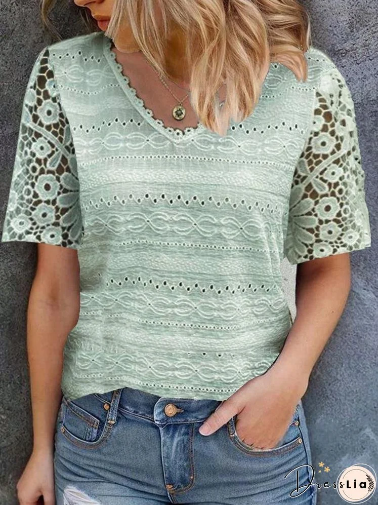 V-neck Lace Patchwork Hollow out Blouse