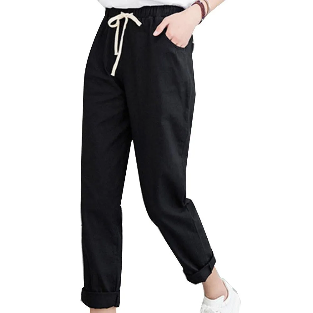 New Women Casual Spring Autumn Big Size Long Trousers Solid Elastic Waist Cotton Linen Pants Ankle Length Solid Color Haren Pant