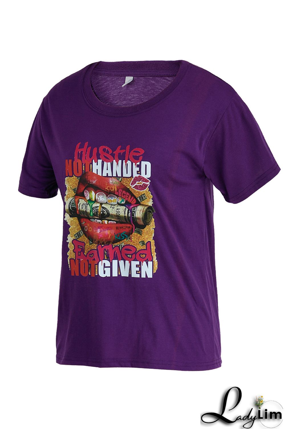 Purple Fashion Casual Print Basic O Neck T-Shirts