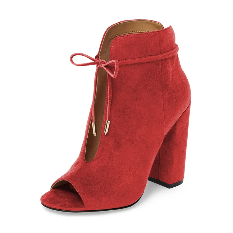 Women's Red Lace Up Peep Toe Hollow Out Chunky Heel Boots |FSJ Shoes