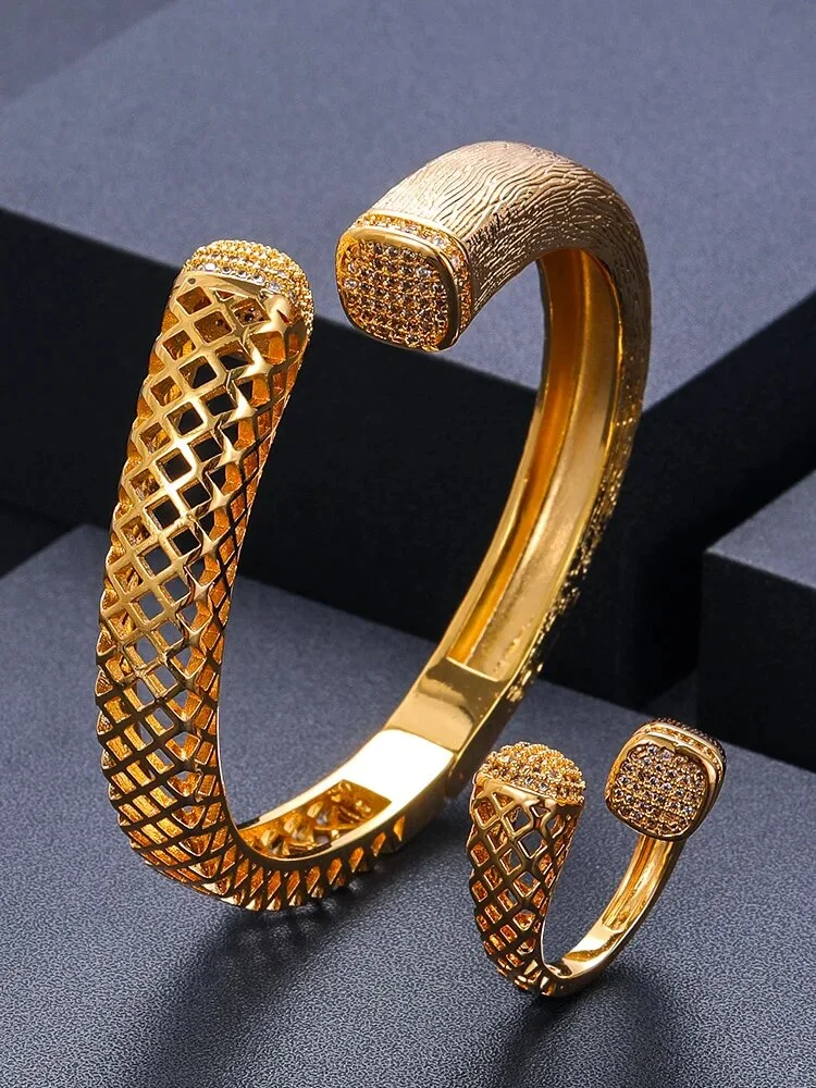 Janekelly Luxury Unique African Bangle Bracelet Ring Set For Women Wedding Cubic Zircon Crystal CZ Dubai Bridal Jewelry Set