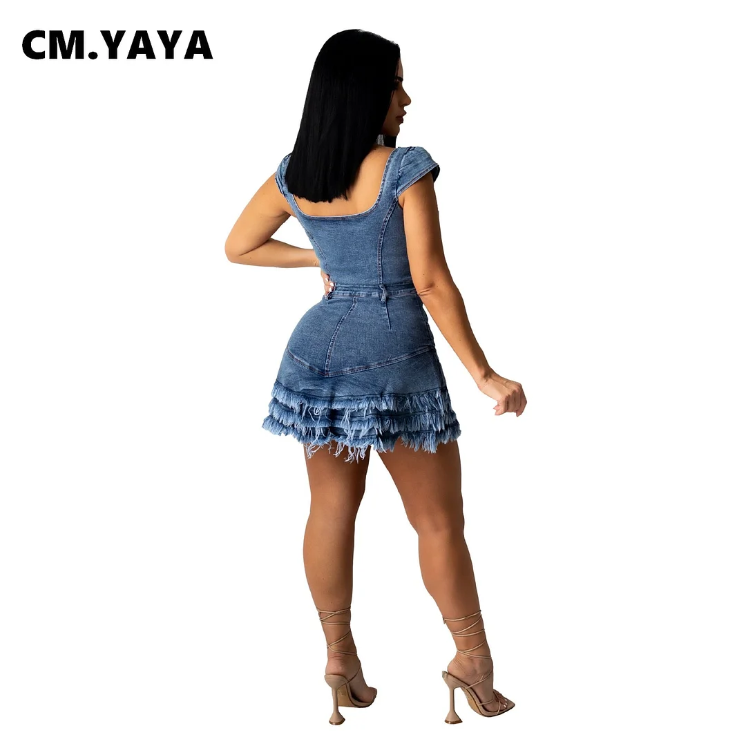 CM.YAYA Women Denim Dress Tassel Solid Short Sleeve Square Collar Single Breasted Pockets A-line Mini Dresses Sexy Outfit Summer