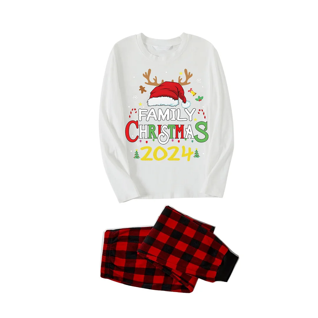 Red Santa Hat "2024 Family Christmas" Monogram Print Contrast White Long Sleeve with Classic Black and Red Plaid Pants Family Matching Pajamas