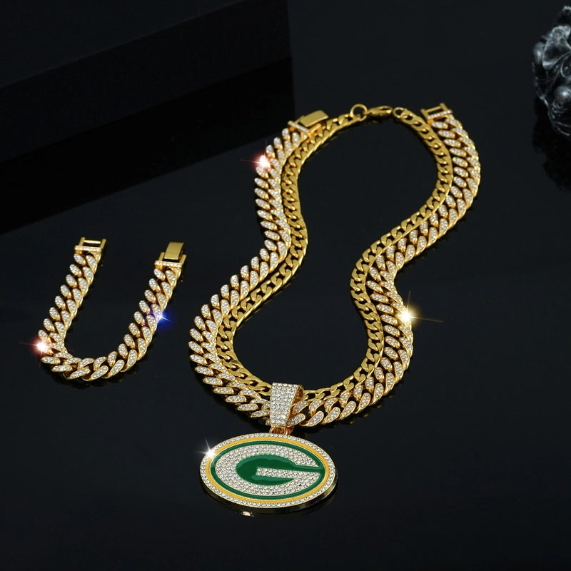 Jewelry Three-Piece Fashion Letter G Round Team Necklace Men’s Punk Hip Hop Cuban Link Chain Bracelet