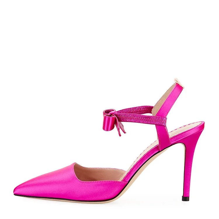 Fuchsia Satin Bow Pointy Toe Stiletto Heels Pumps |FSJ Shoes