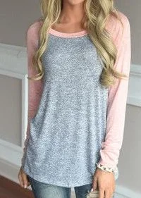 Long Sleeve Cotton Crew Neck Color-Block Tops