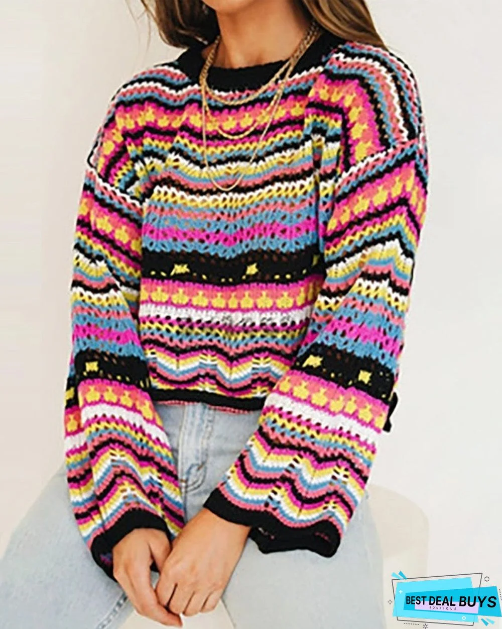 Long Sleeve Graphic Striped Print Sweater