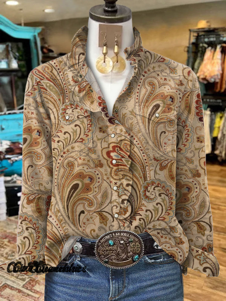 Women’s Vintage Print Casual Long Sleeve Comfortable Cotton Shirt Multicolor / S
