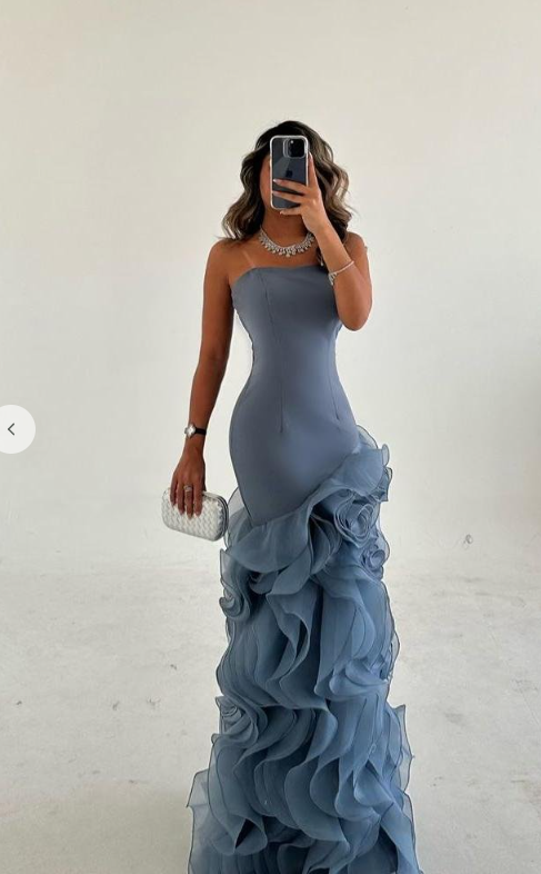 Hellodresses Strapless Sleeveless Long Mermaid Prom Dress With Tulle Ruffles