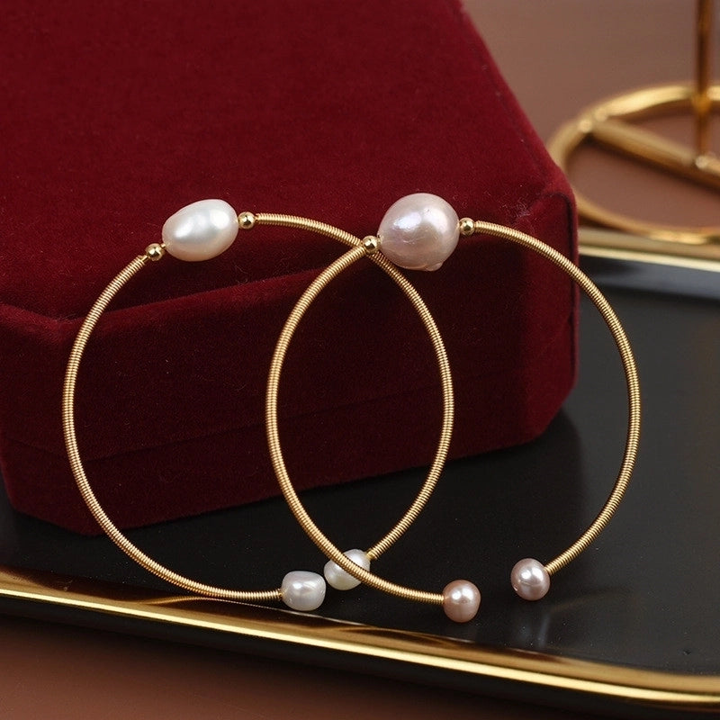 Retro Round Baroque Pearls Copper Bangle 1 Piece
