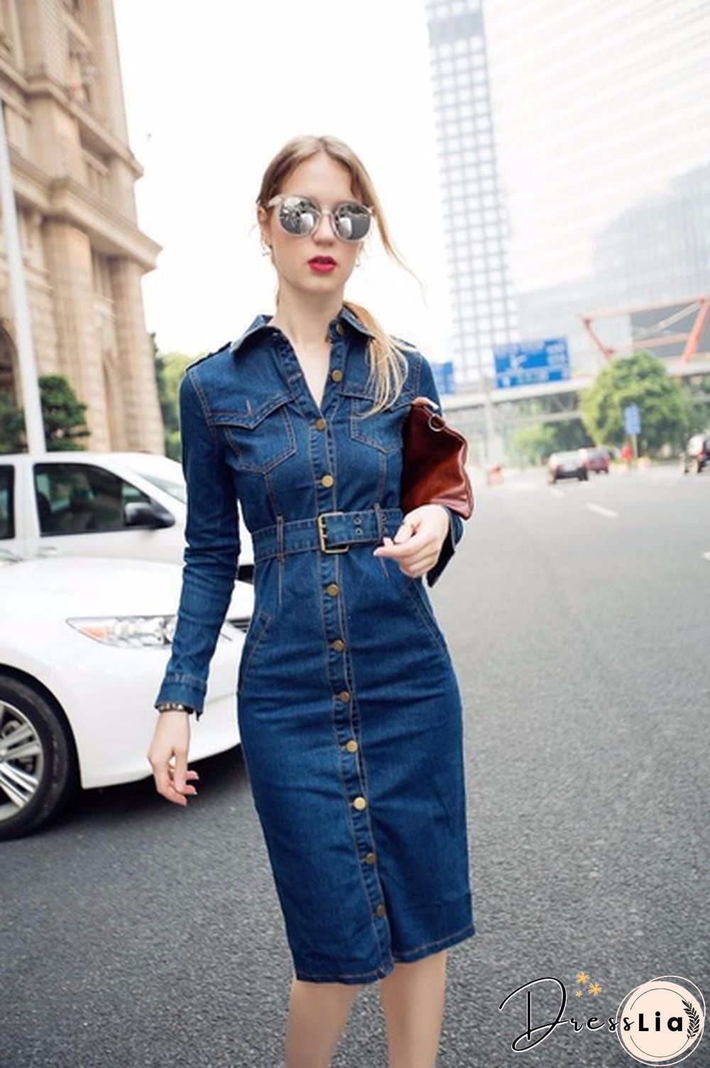 Women Denim Dress Winter Office Slim Big Size Jeans Mid-Cuff Dress Cowboy Dress With Belt For Women Jeans Dress Plus Size