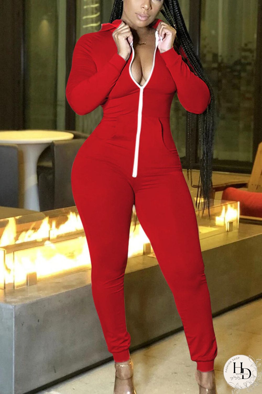Red Sexy Polyester Solid V Neck Jumpsuits