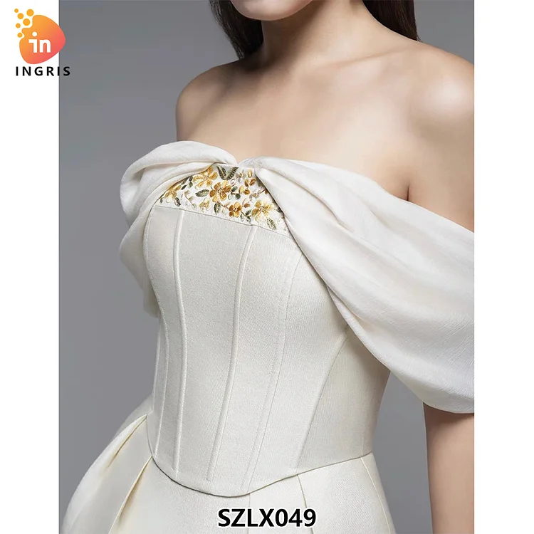 2025 Retro White Robe Fishbone Waist High-end Simple Design Breathable Solid Color Patchwork Pattern Dress-SZLX049