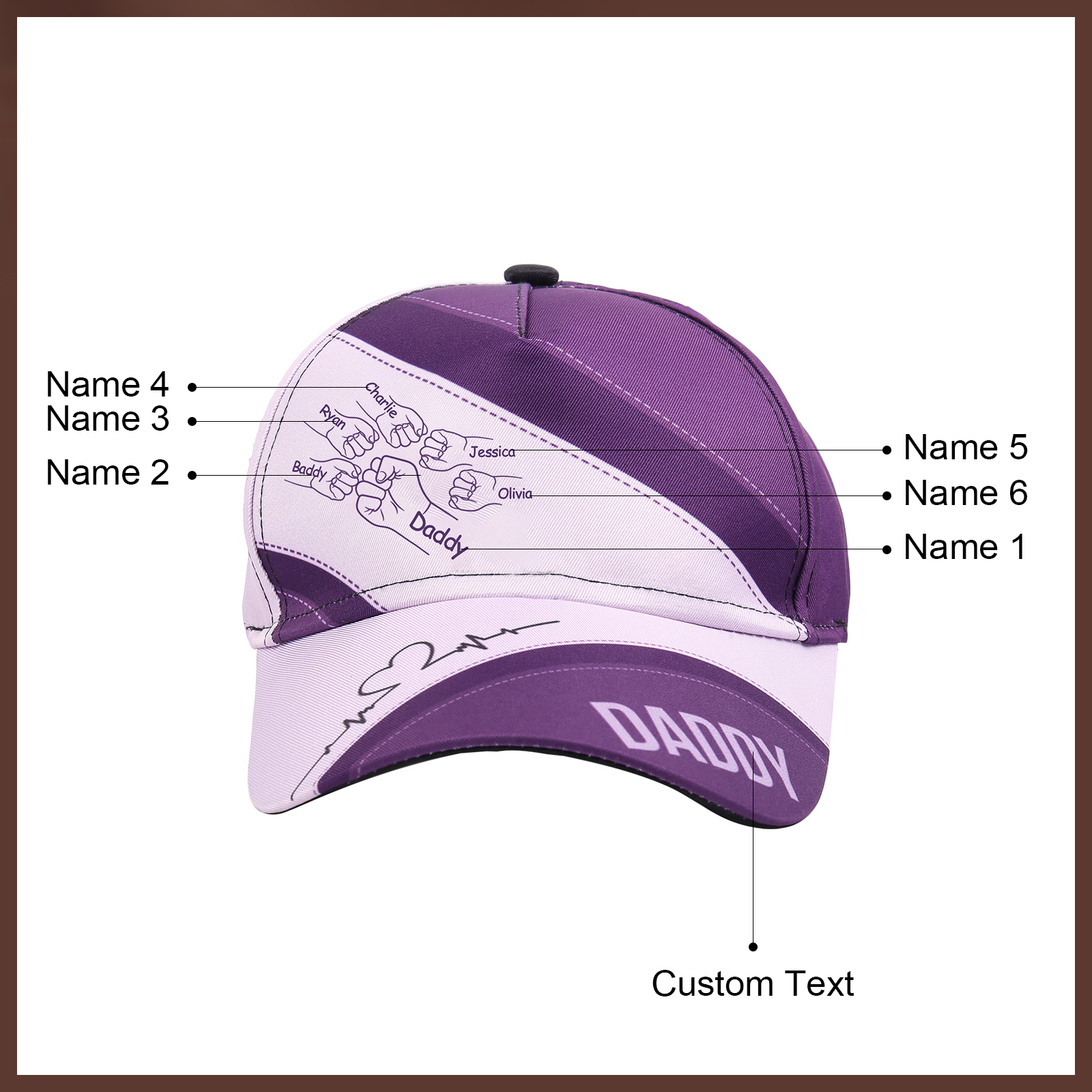 Personalised Fist Bump Classical Baseball Cap Custom 6 Names & 1 Text Snapback Adjustable Gift for Dad/Grandpa/Husband-Jessemade AU
