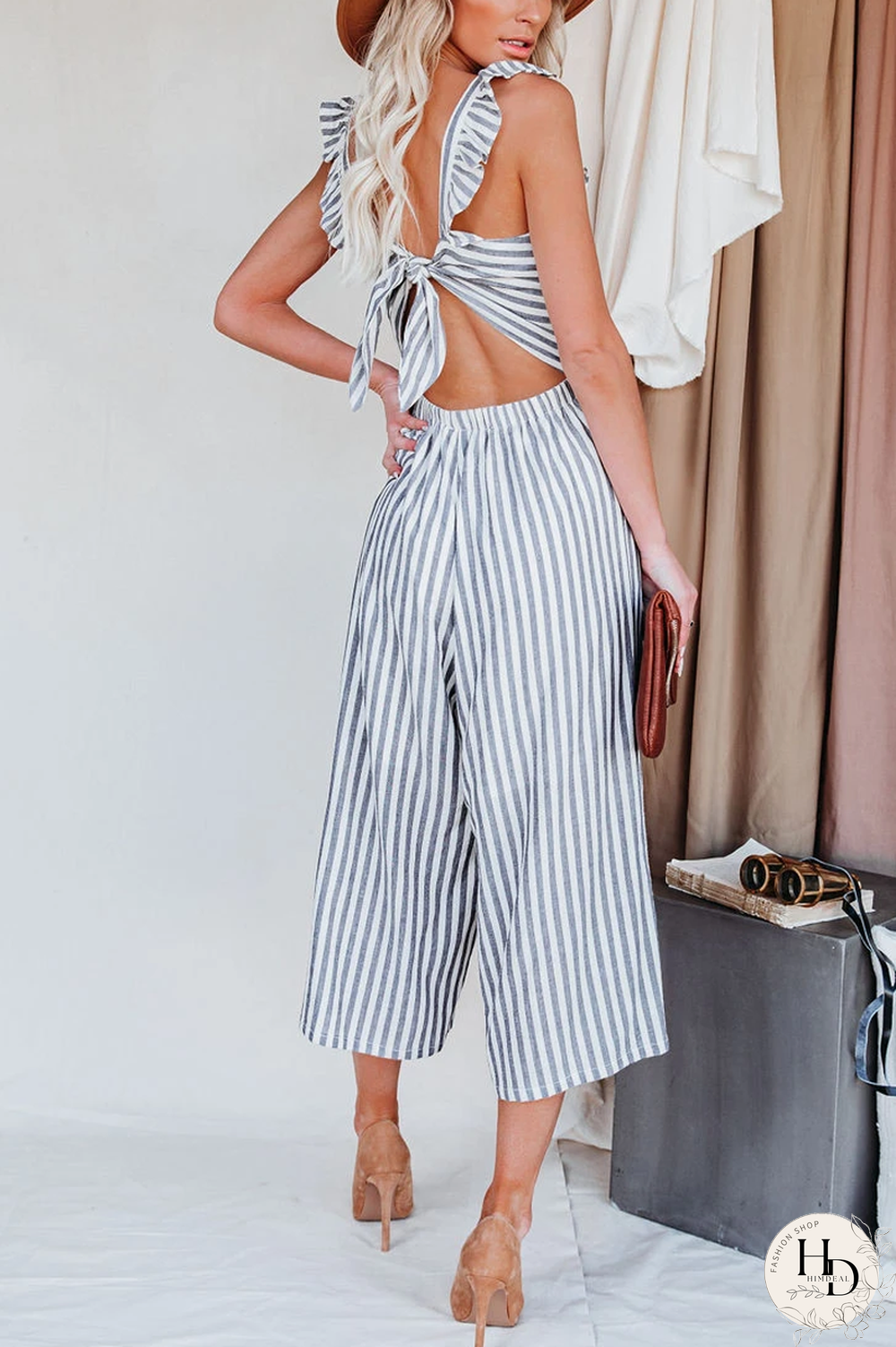 KarliDress Flip Side Pocketed Striped Ruffle Jumpsuit P12525