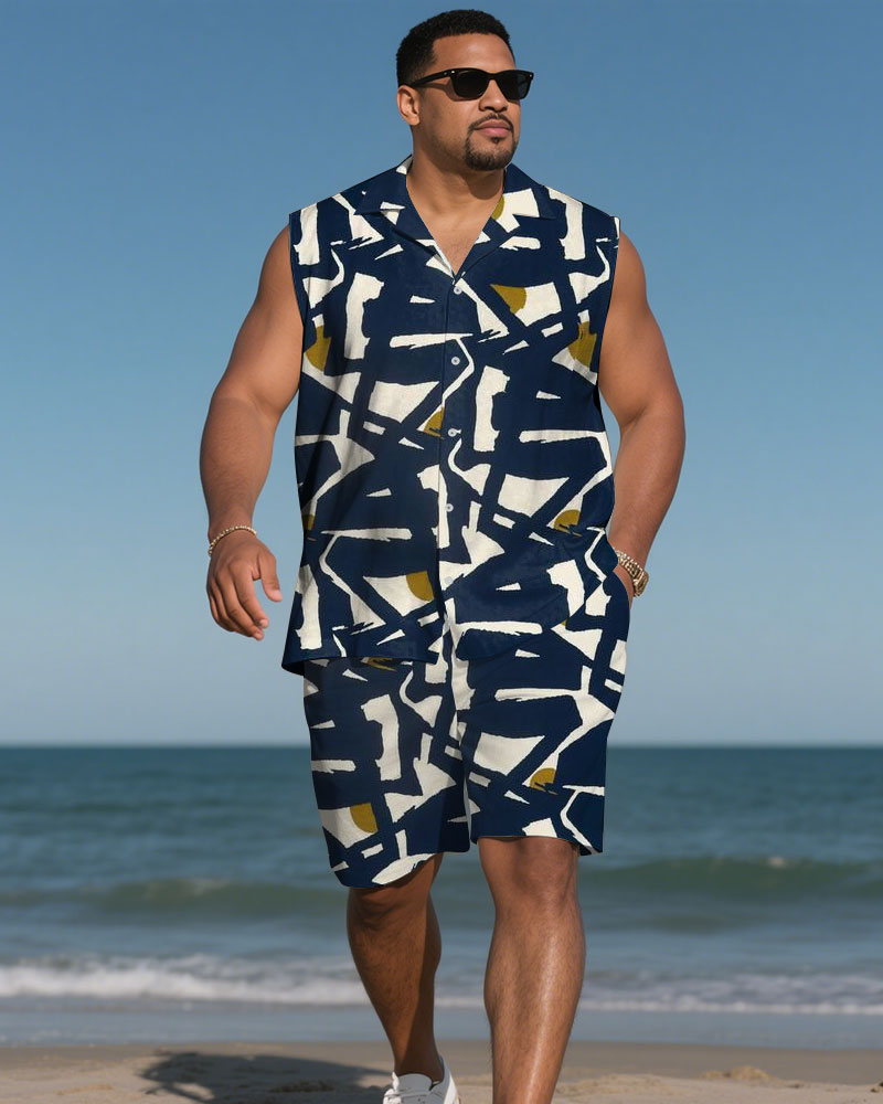 Hawaiian Men's Plus Size-Art Geometry Fashion Print Waistline Shirt Shorts Suit