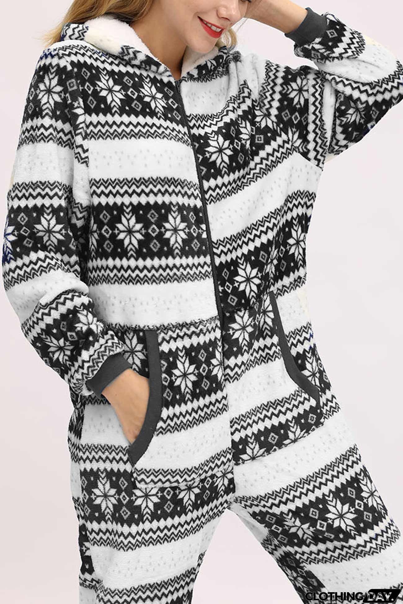 Christmas Printed Zipper Hooded Jumpsuits