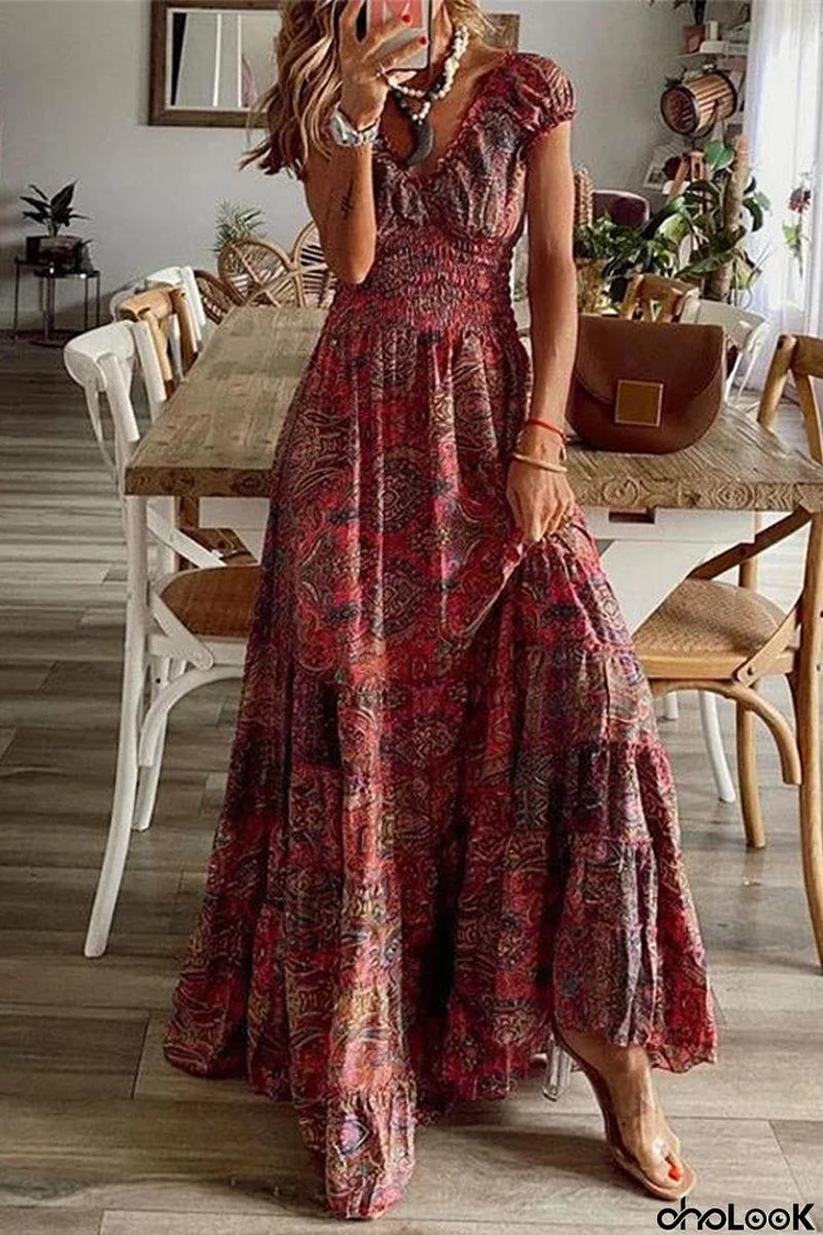 Bohemian College Print Fold V Neck A Line Dresses