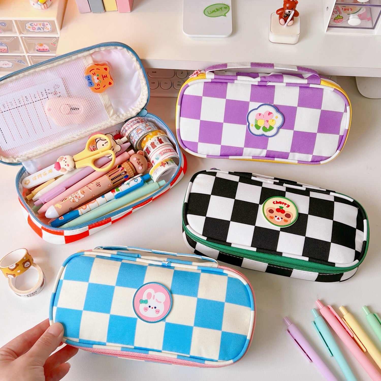 Checkerboard Large Capacity Pencil Case